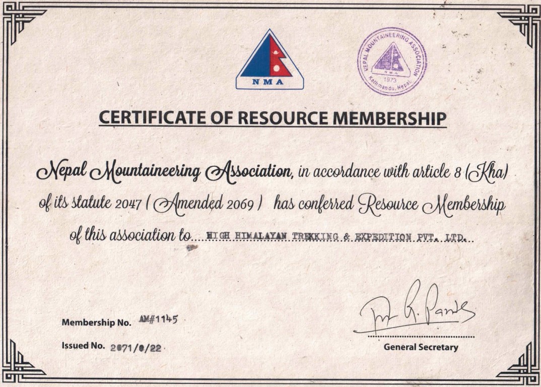 Membership Certificate of NMA